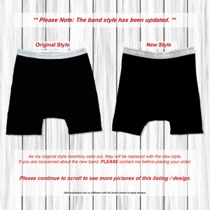以下が含まれることがあります： 画像には、ウエストバンドに「HANES」のブランド名が入った黒いボクサーパンツが2つ写っています。左側は「Original Style」、右側は「New Style」と表示されています。上部のテキストには「Please Note: The band style has been updated.」と書かれています。