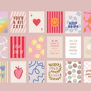 Könnte beinhalten: Eine Sammlung von achtzehn rechteckigen Kunstdrucken mit verschiedenen Motiven wie Herzen, Smileys, Blumen, Erdbeeren und Texten wie OH HAPPY DAY, YOU'R A BIT CUTE, KEEP GOING, FÜR DICH, GOOD VIBES und CUTE, BUT COFFEE JUNKIE.