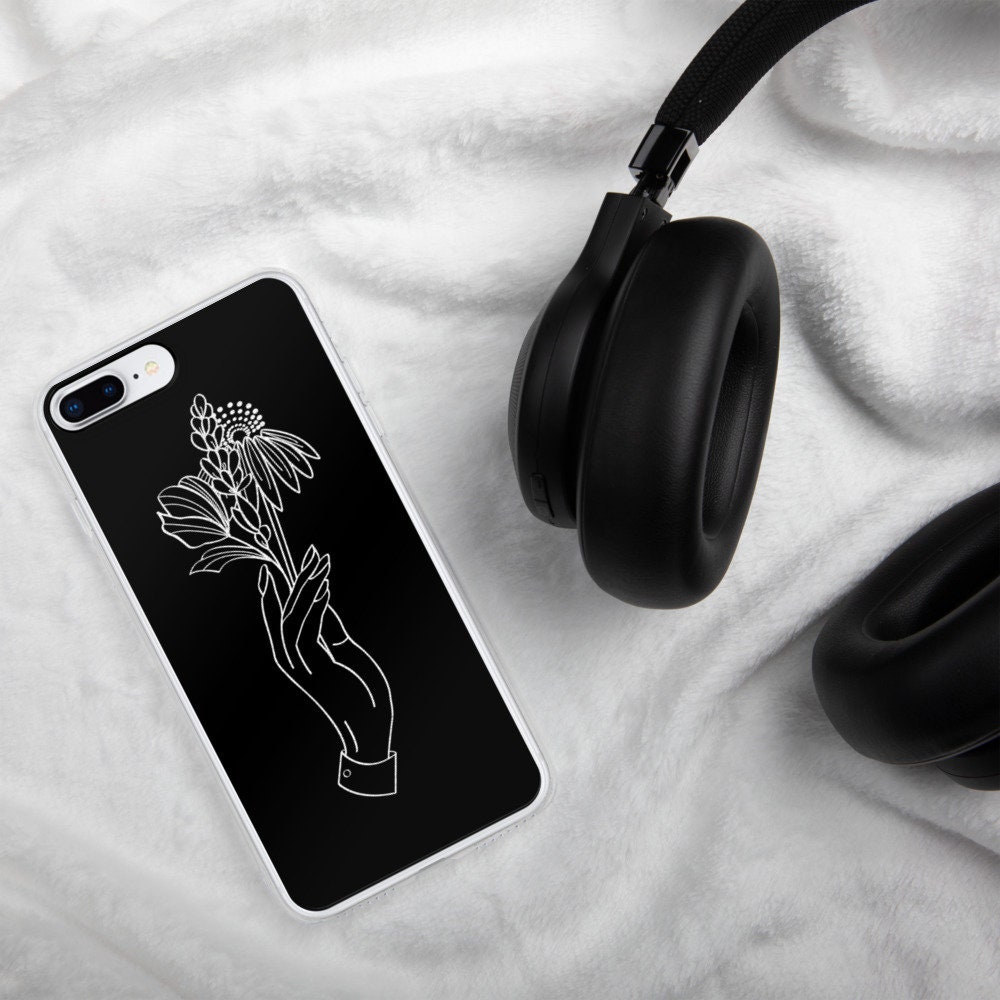 IPhone Case White Hand Holding Flowers Black Flower Print Etsy