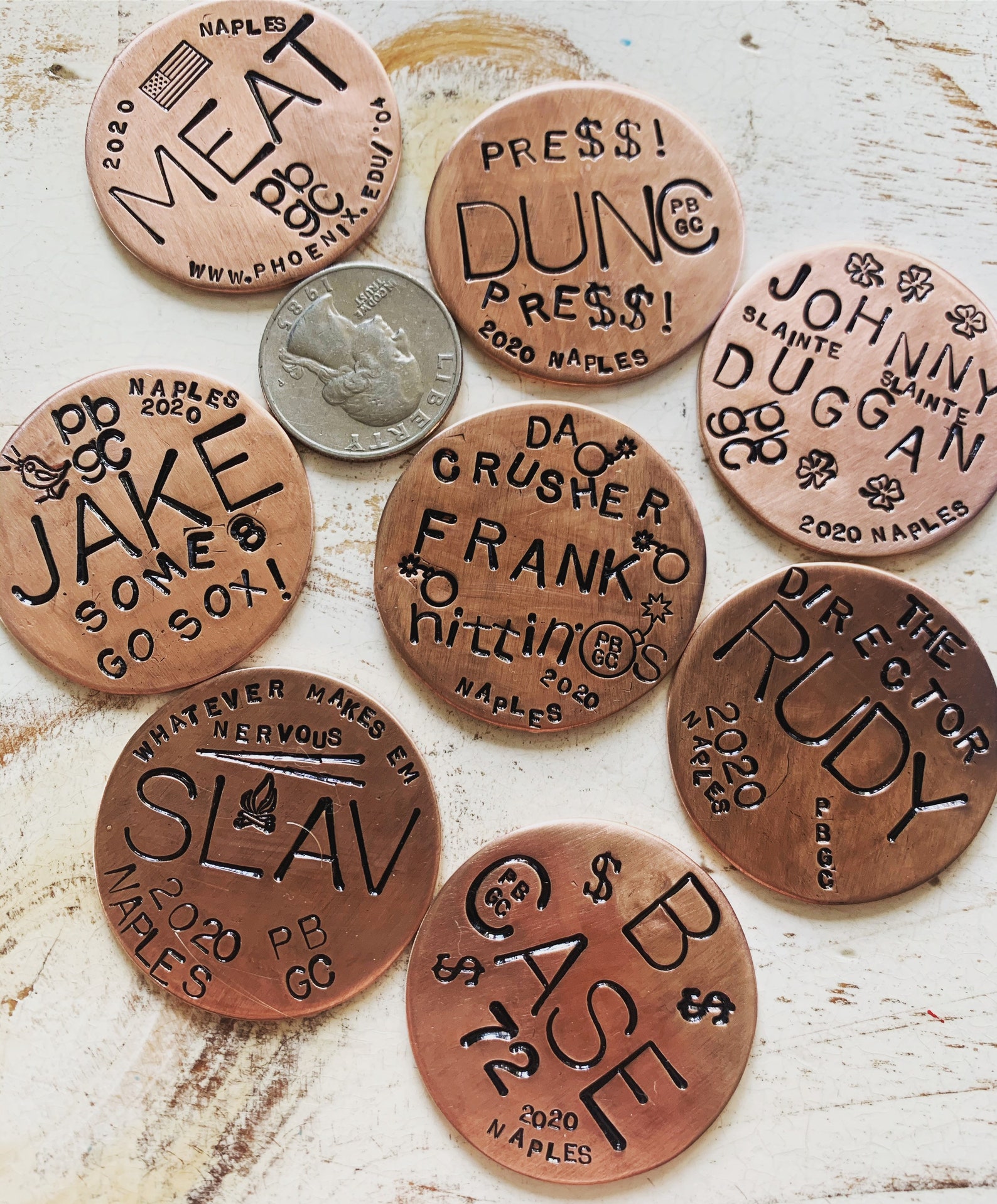 Custom Golf Ball Marker Copper Hand Stamped Ballmarker Copper or Brass