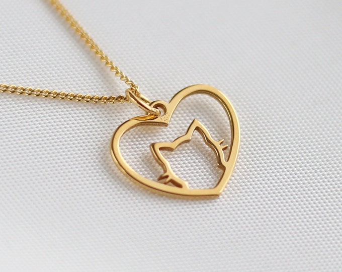 Gold Cat Necklace, Cat Lover Necklace, Dainty Cat Gift for Her, Animal jewelry, kitten necklace, heart necklace, Dainty Gold Cat Jewelry