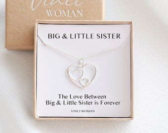 Big Sis And Lil Sis Necklace Gift, Big Sister And Little Sister, Sister Gift, Sister Birthday Gift, Sterling Silver, Two Interlocking Hearts