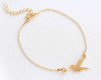 Gold Hummingbird Bracelet | Gold Hummingbird Charm | Bird Bracelet | 24k Gold Bracelet | Hummingbird | Bridal Bracelet |
