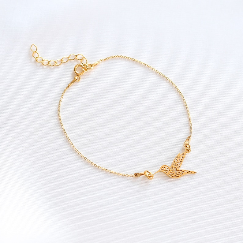 Gold Hummingbird Bracelet Bird Bracelet 24k Gold Bracelet Gold Hummingbird Charm Hummingbird Bridal Bracelet |