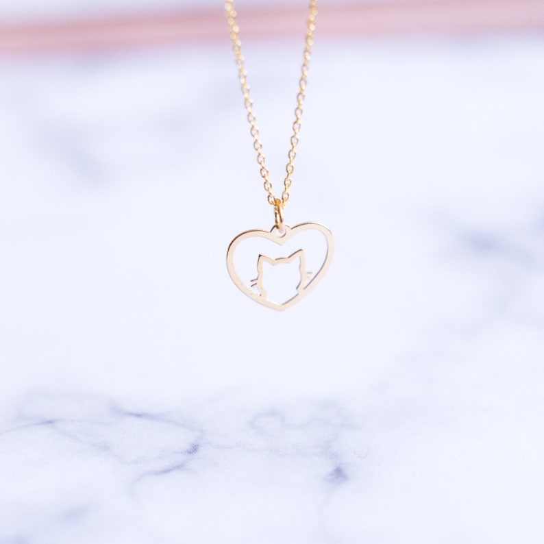 Animal jewelry Gold Cat Necklace Cat Lover Necklace kitten necklace Dainty Cat Gift for Her Dainty Gold Cat Jewelry heart necklace