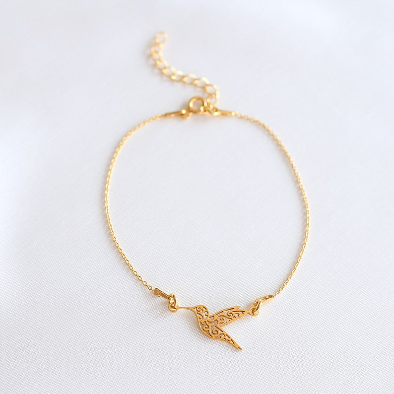 Bracelet Colibri Or Charme de colibri d'or Bracelet Oiseaux Bracelet en or 24 carats Colibri Bracelet de mariée image 5