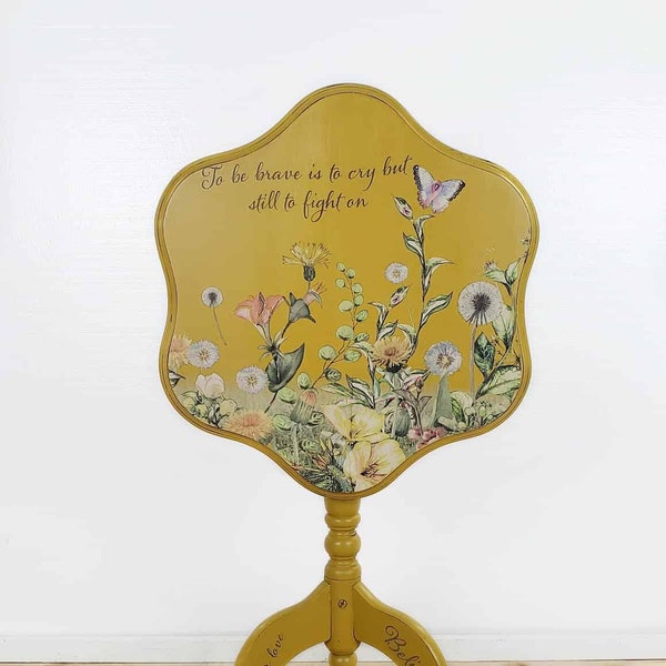 Painted Tilt Top Table, Flip Top Pedestal Table, Yellow Accent Table, Floral Plant Stand, Cancer Survivor, Breast Cancer Awareness Theme