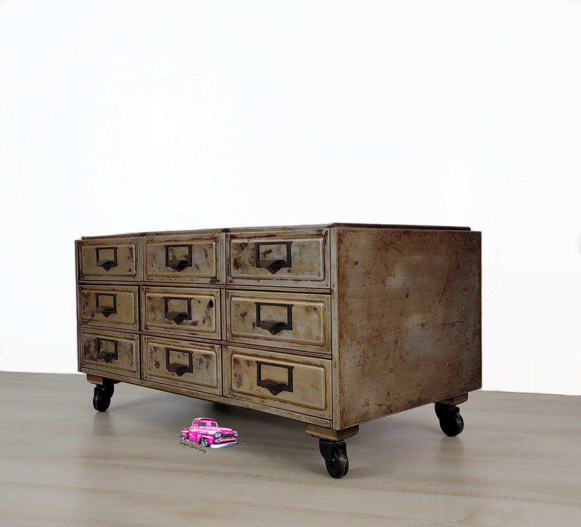 Vintage Metal Industrial Card Catalog Table With 9 Drawers,metal