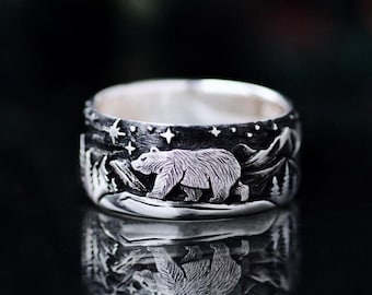 Ring "Bear in the mountains" - Craftwork ring - Bear ring - Mountain ring - Mountains and stars ring