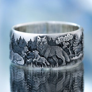 Anillo de la familia de lobos - Anillo familiar - Anillo del autor con lobos - Papá y mamá lobos - Anillo familiar - Familia de lobos