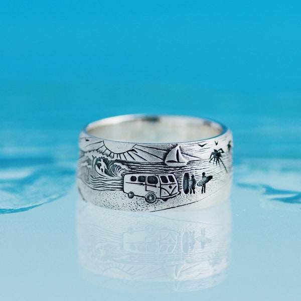 Sueño californiano - Playa soleada con océano - Anillo de banda ancha - Anillo hecho a mano - Viejo Volkswagen junto al océano - surf