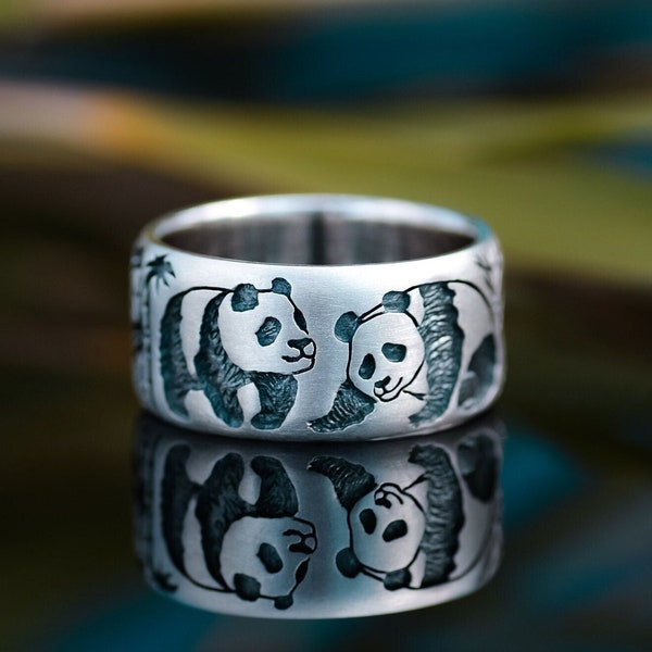 Pandas Ring -  Author Ring - Panda Family on Ring - Cute Pandas in Bamboo Jewelry - Pandas Jewelry