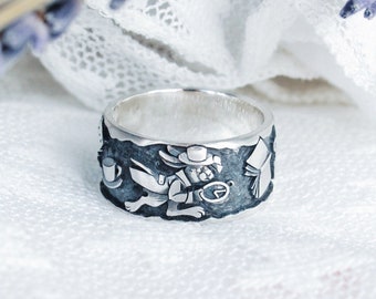 Alice’s Adventures in Wonderland - The White Rabbit - Cards - Wide Ring - Gift for Her - Engraved Ring - Teacup - Gift