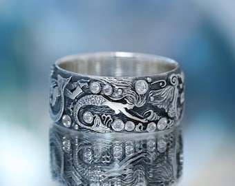 Mythical ring with mermaids - Ocean Ring - Unusual Silver Ring - Unique ring with fishes - Girls in the Ocean Ring