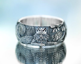 Wide handmade band - Sterling silver patterned band - Cat ring - Fabulous ring - Unique author patterned ring