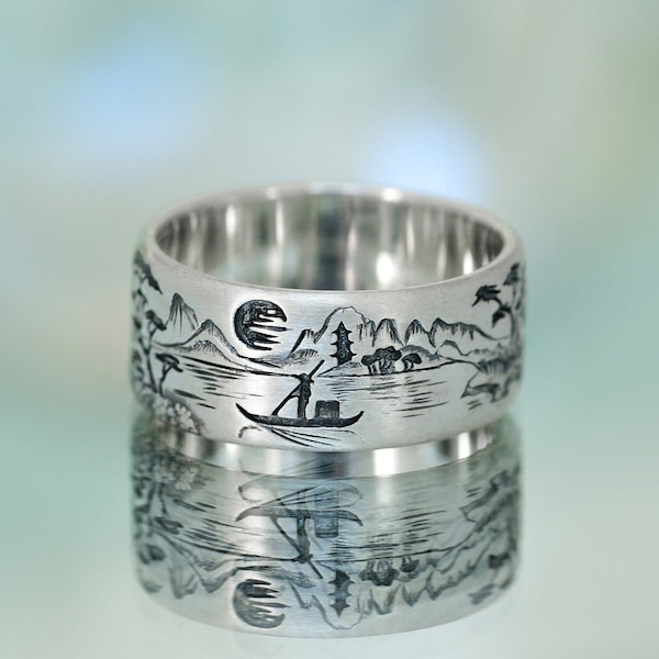 Grabado japonés / anillo ancho / trabajo artesanal / puesta de sol /