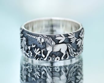 Unicorn Wide Ring, Girl and Unicorn, Unicorn Ring, Unicorn, Fairy Ring, Rabbit Ring