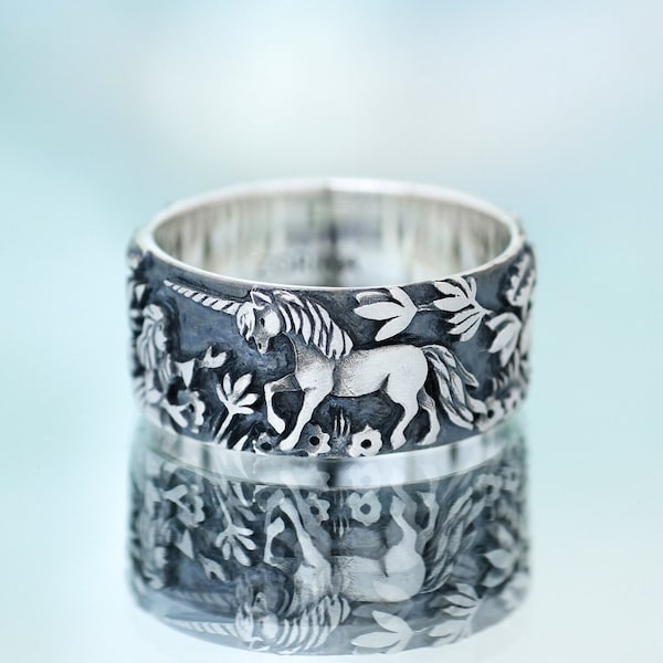 Handmade Unicorn & Girl Wide Band Ring, Fairy Garden Jewelry
