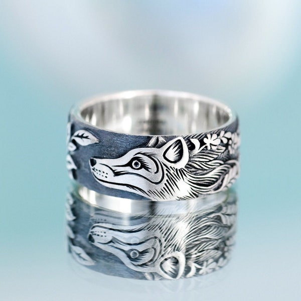 Wide ring "Fox in flowers" - Fox ring - Ring with a fox - Flower ring - Wide ring - Trickster ring