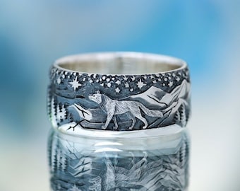 Handmade Sterling Silver Wolf Ring – Mountain Scene Wedding Band