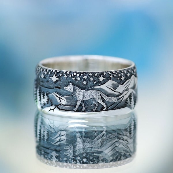 Animals Wedding Band - Wolf Ring - Brutal Men's Wolf Ring - Mountain Ring