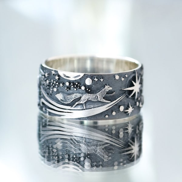 Space Fox ring - Foxes in outer space - Fox on a star - Space and stars ring - Fox ring - large rings - unusual rings for women