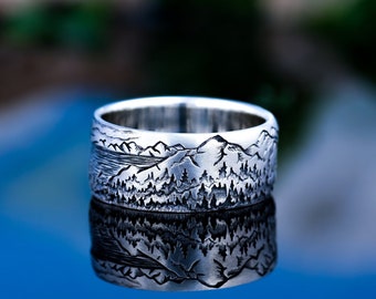 Mountain ring with the sun -  ring sunset - Wide ring with mountains - Men's mountain ring - Unisex  ring