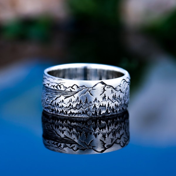 Mountain ring with the sun -  ring sunset - Wide ring with mountains - Men's mountain ring - Unisex  ring