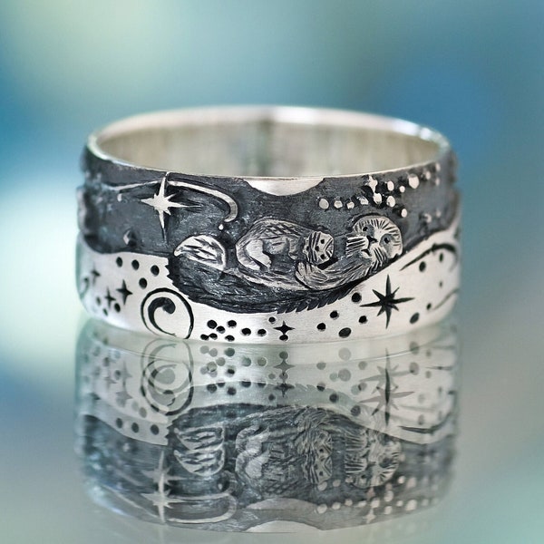 Anillo de nutria de plata de ley, banda cósmica de galaxia nadadora, joyería de animales de la naturaleza
