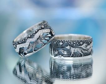 Handmade Wolf & She-Wolf Rings – Mountain Scene with Cubic Zirconias