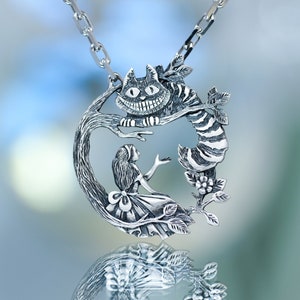 Alices Adventures in Wonderland, pendant Alice and Cheshire cat, Silver pendant Cheshire cat, Lewis Carroll Pendant, image 1