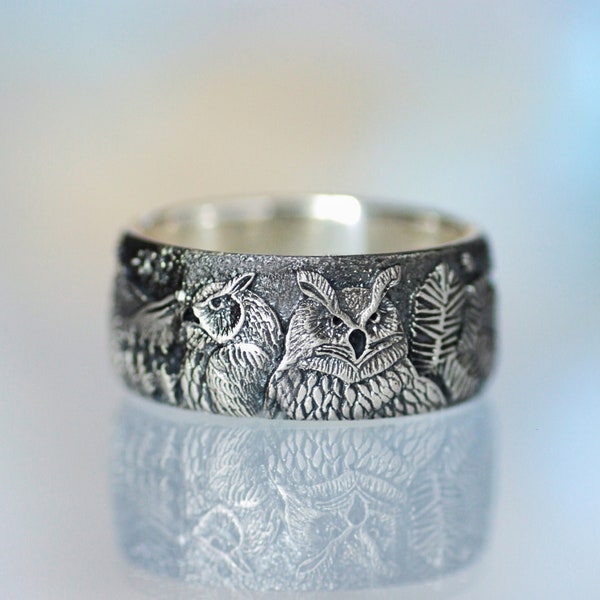 Owl ring - owls in the forest - wide stripe pattern - wide  owl stripe - male owl ring