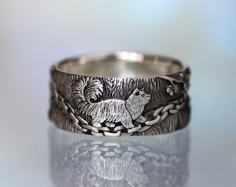 Wide band with a pattern - Folklore ring - Ring a fairy tale - Wide band with a cat