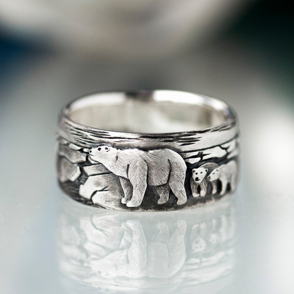 Ring with polar bears, ring with bears,  Ring Arctic, Arctic ice ring, Polar explorer ring, White bears.