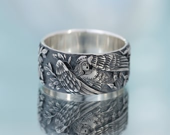 Fairy ring -The bird of sorrow and the bird of joy - Sirin and Alkonost ring -  bird ring - Handmade mythological ring - large rings