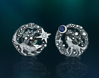 Handcrafted Sterling Silver Wolf Earrings – Asymmetrical Space Design