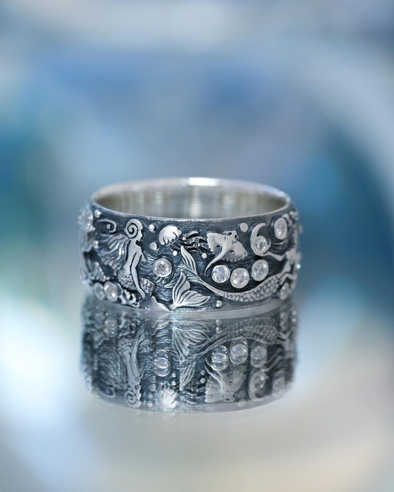 Handmade Silver Mermaid Ring – Ocean Topaz Gemstone Ring image 5