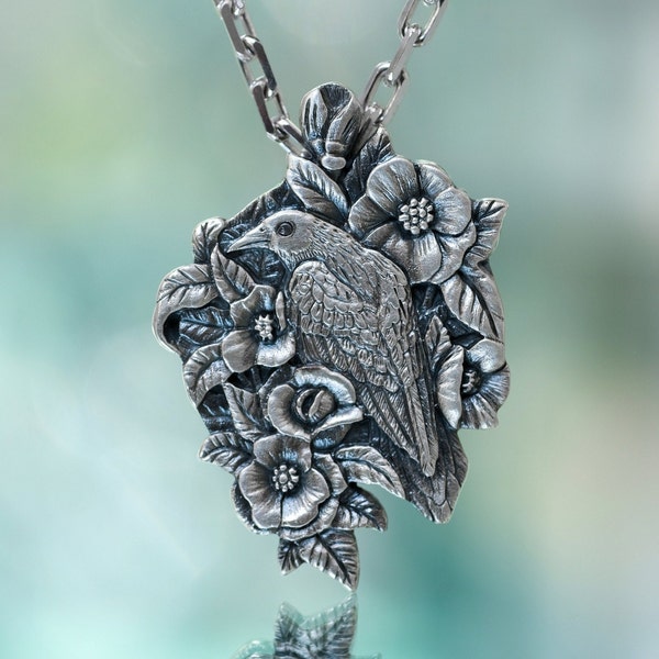 Raven, pendant raven, Wise raven, Raven in flowers, Amulet raven