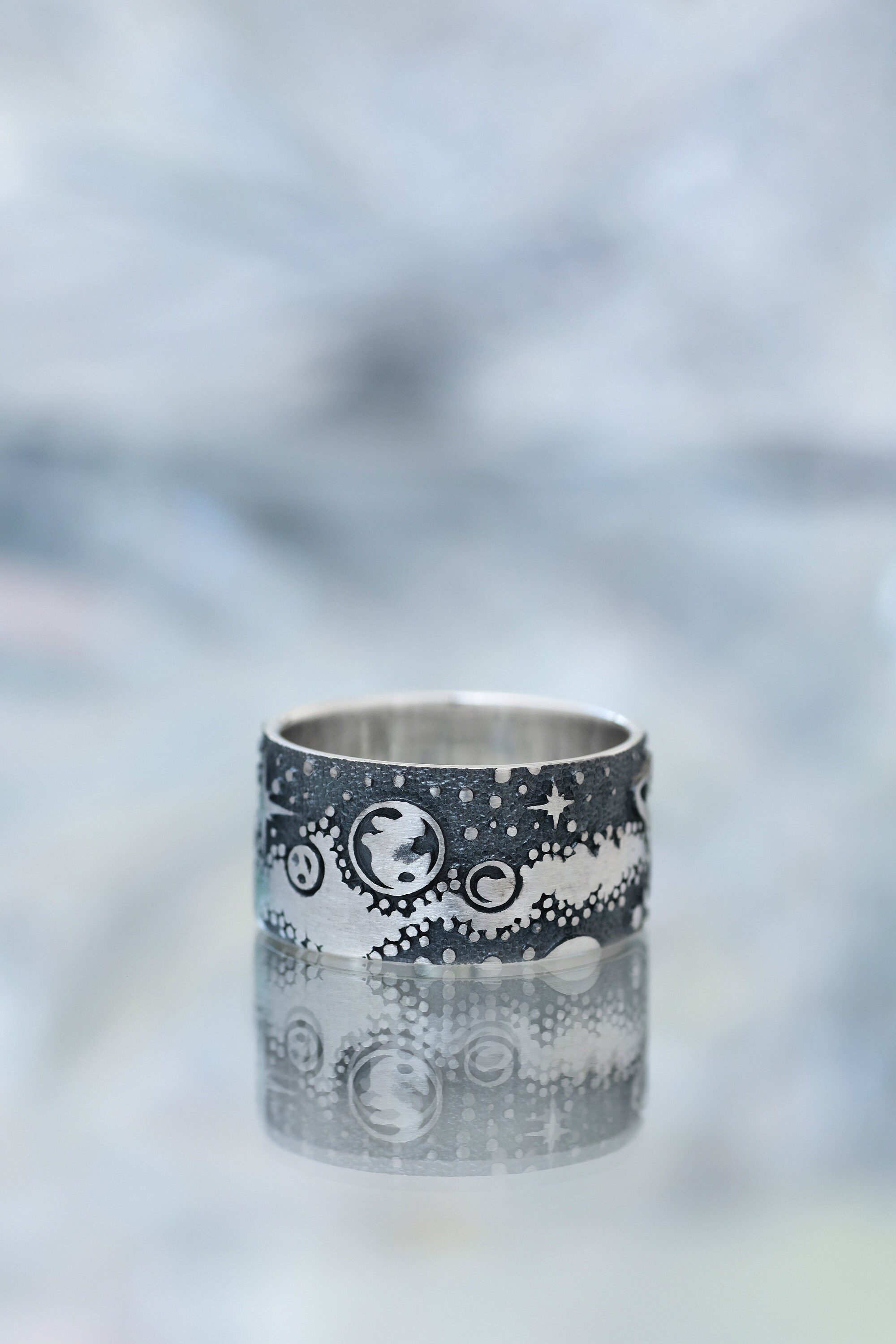 Handmade Sterling Silver Space Ring, Wide Galaxy Band, Cosmic Planet ...