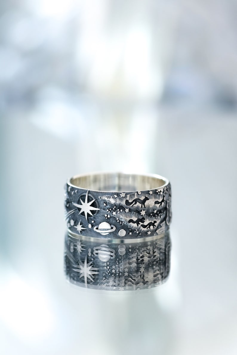 Space Fox ring Foxes in outer space Fox on a star Space and stars ring Fox ring large rings unusual rings for women image 2