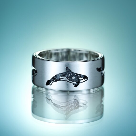 Unique Kinetic Spinner Ring With Orcas and Space Design – Handmade