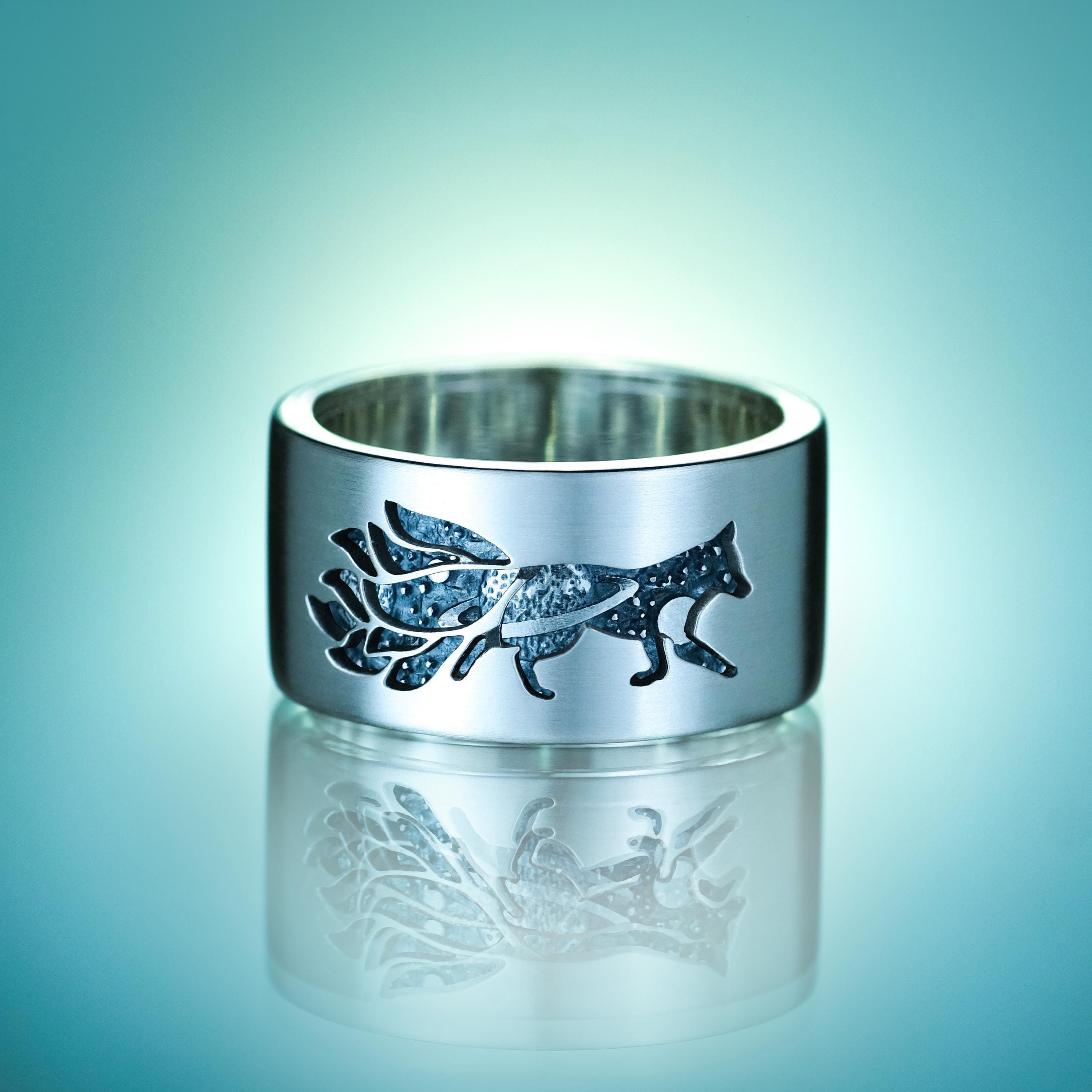 Sterling Silver Kitsune Spinner Ring – Wide Band, Cosmic Fox - Etsy