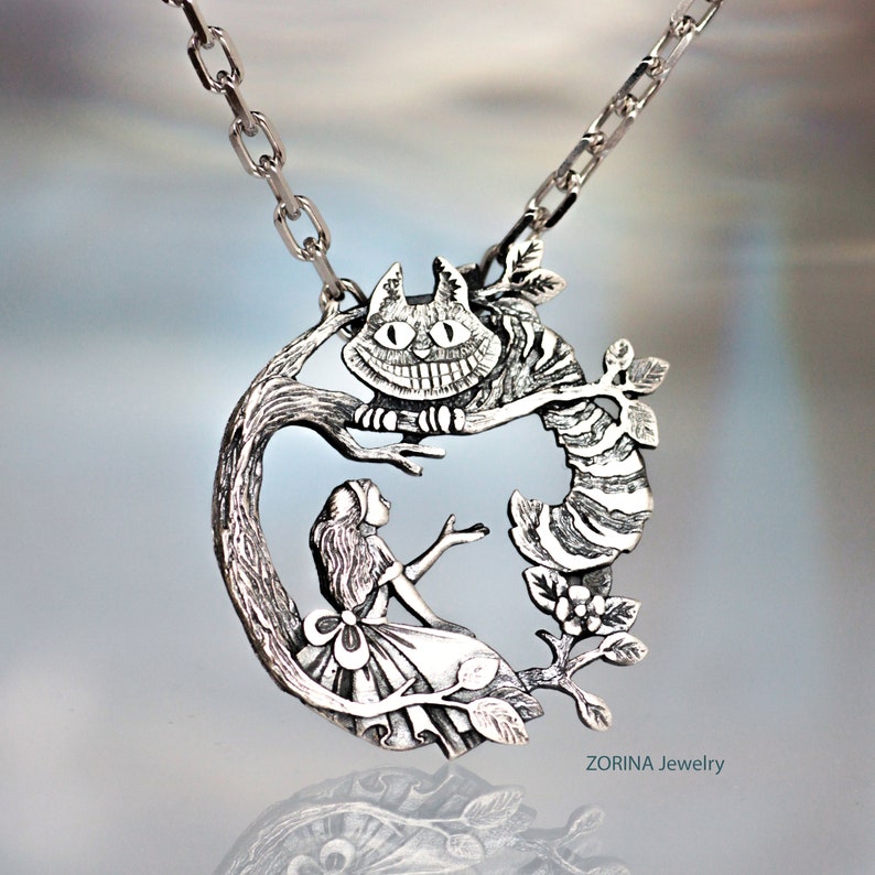 Silver pendant Cheshire cat pendant Alice and Cheshire cat Alice\u2019s Adventures in Wonderland Lewis Carroll Pendant,