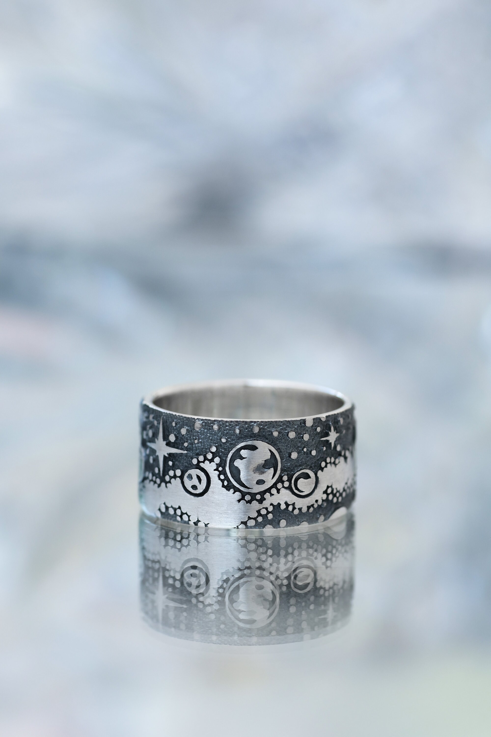 Handmade Sterling Silver Space Ring, Wide Galaxy Band, Cosmic Planet ...