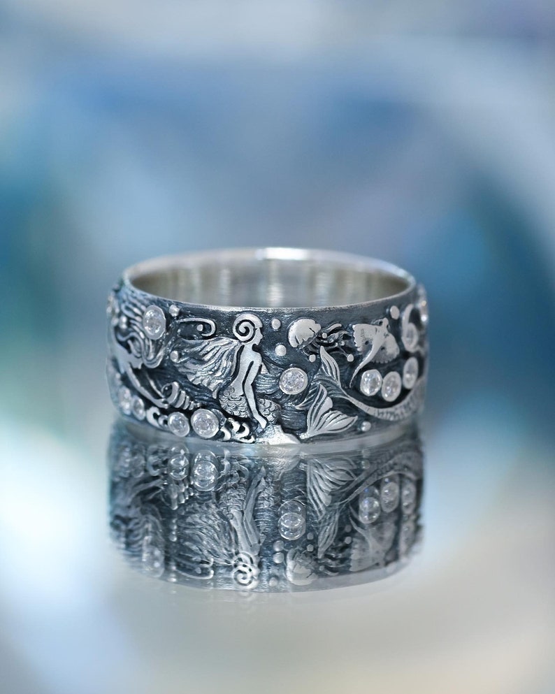 Handmade Silver Mermaid Ring – Ocean Topaz Gemstone Ring image 6