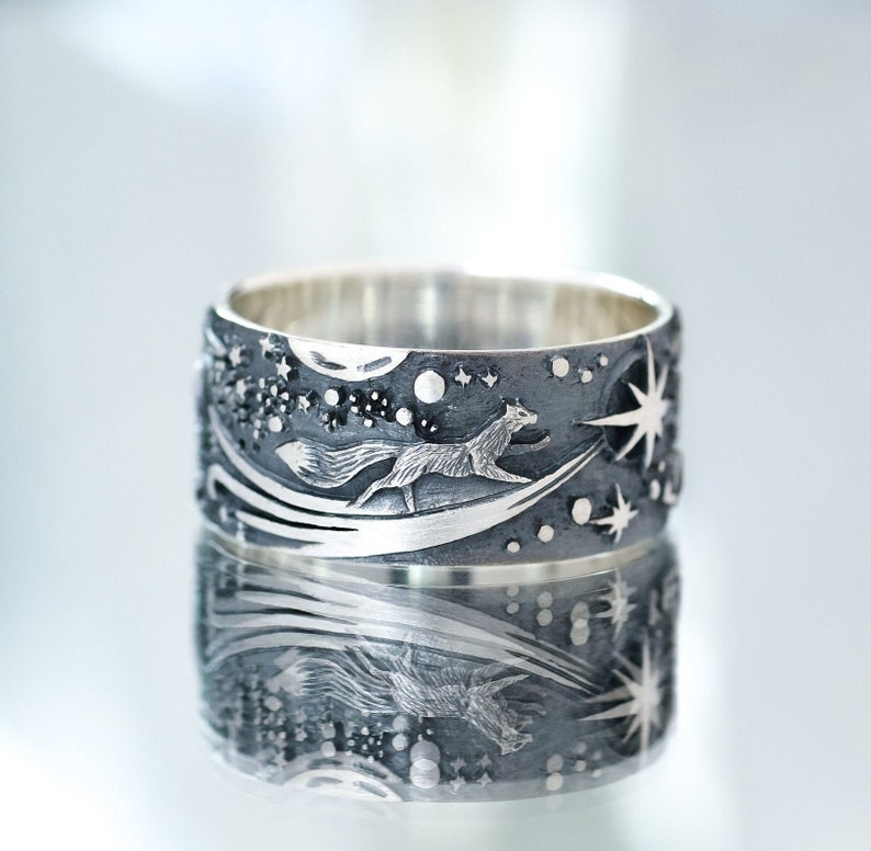 Space Fox ring Foxes in outer space Fox on a star Space and stars ring Fox ring large rings unusual rings for women image 1