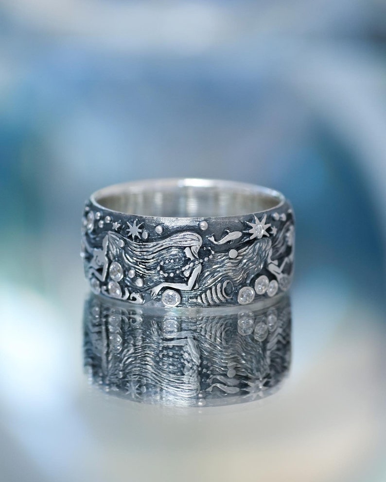 Handmade Silver Mermaid Ring – Ocean Topaz Gemstone Ring image 2
