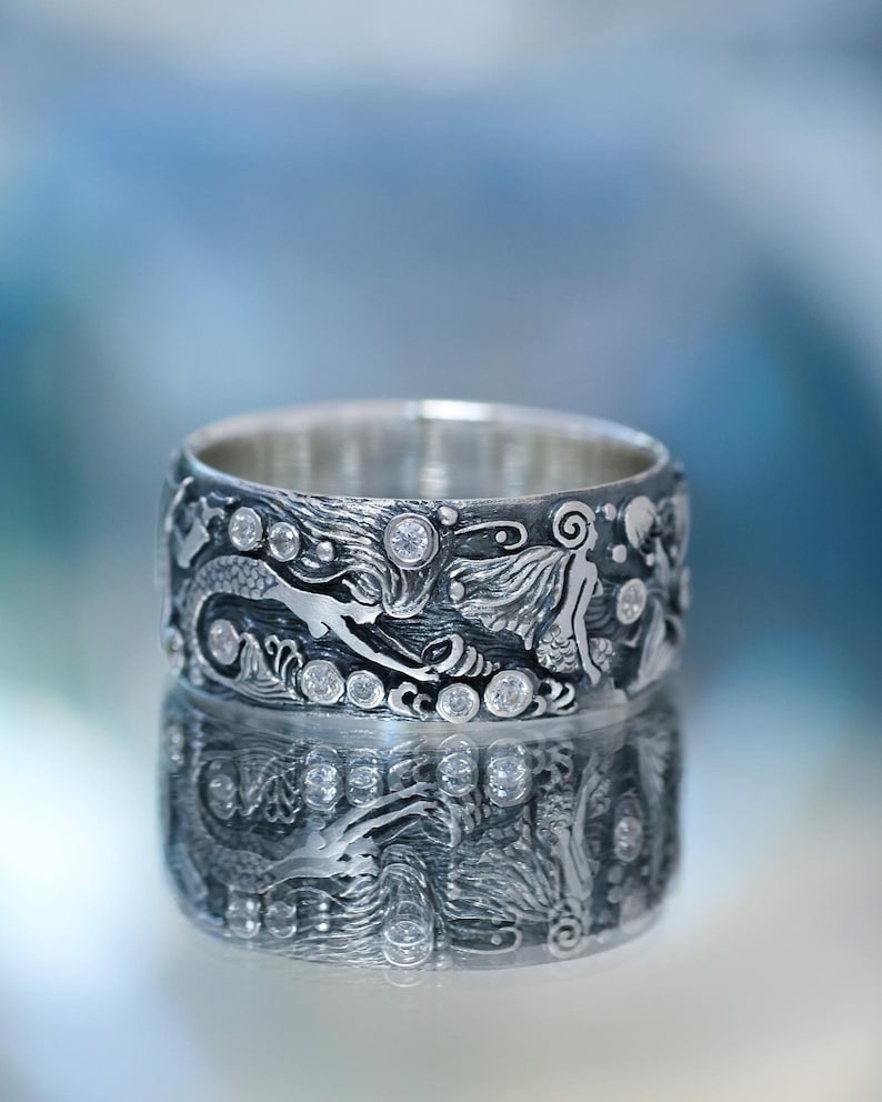 Handmade Silver Mermaid Ring – Ocean Topaz Gemstone Ring image 7