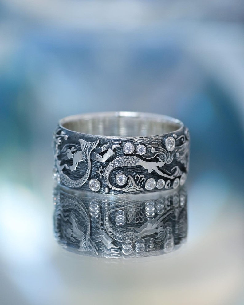 Handmade Silver Mermaid Ring – Ocean Topaz Gemstone Ring image 8