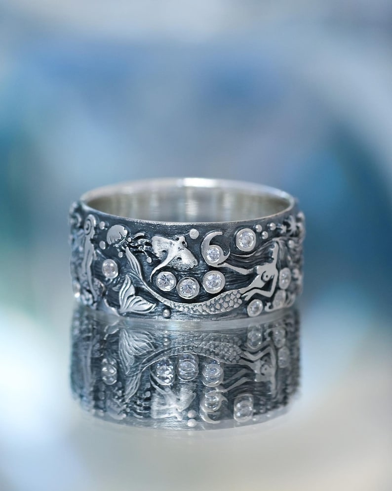 Handmade Silver Mermaid Ring – Ocean Topaz Gemstone Ring image 4